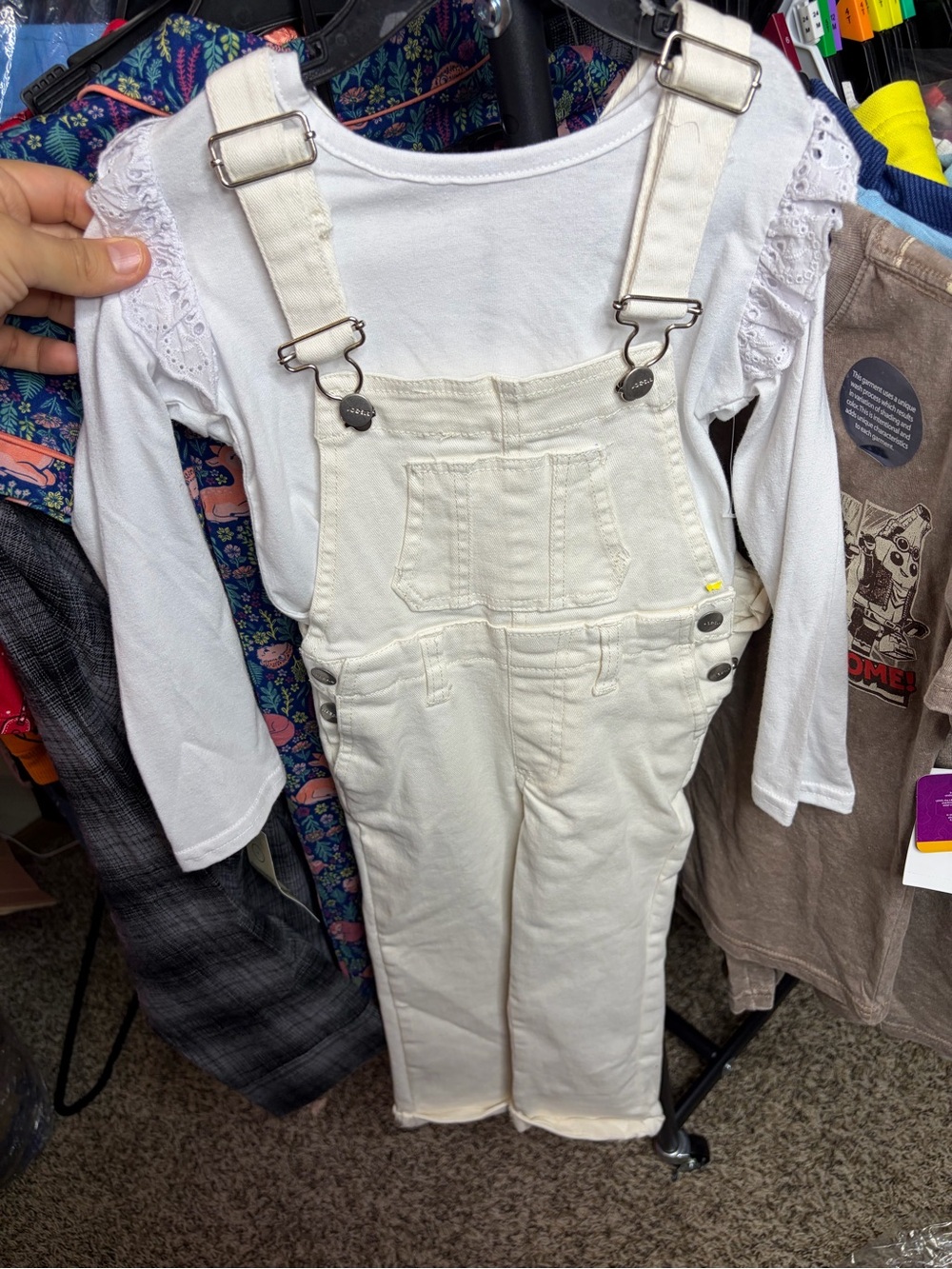 Girls Cream Denim Overalls